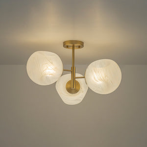 LightFixturesUSA-3-Light Opal Swirl Glass Globe Tiered Sputnik Semi Flush Mount-Chandelier-Brass-