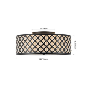 LightFixturesUSA - 3 - Light Round Drum Crystal Accented Fabric Flush Mount - Ceiling Light - Black - 