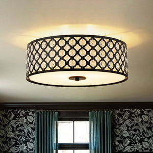 LightFixturesUSA - 3 - Light Round Drum Crystal Accented Fabric Flush Mount - Ceiling Light - Black - 