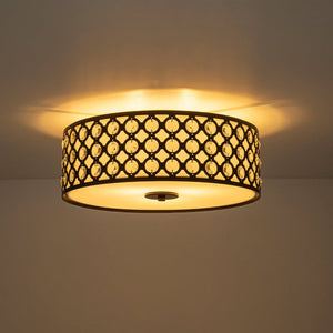 LightFixturesUSA - 3 - Light Round Drum Crystal Accented Fabric Flush Mount - Ceiling Light - Black - 