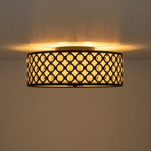 LightFixturesUSA - 3 - Light Round Drum Crystal Accented Fabric Flush Mount - Ceiling Light - Black - 