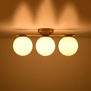 LightFixturesUSA - 3 - Light Shine Opal Glass Globe Linear Semi Flush Mount - Ceiling Light - Brass - 