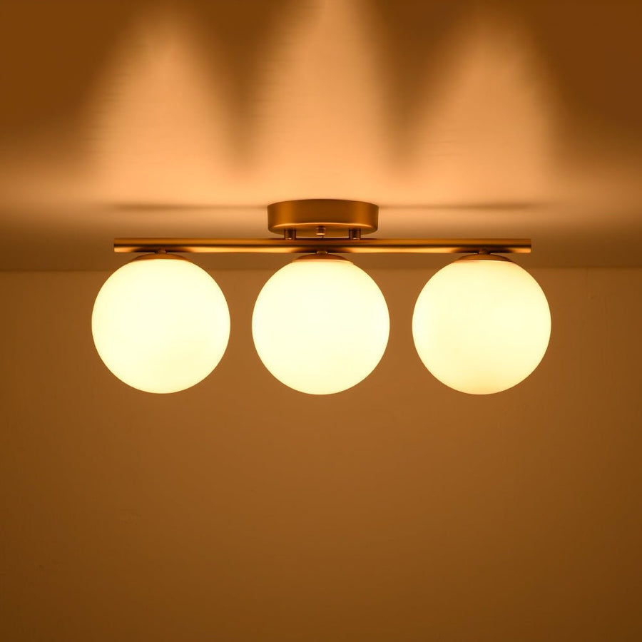 LightFixturesUSA - 3 - Light Shine Opal Glass Globe Linear Semi Flush Mount - Ceiling Light - Brass - 