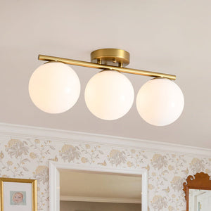 LightFixturesUSA - 3 - Light Shine Opal Glass Globe Linear Semi Flush Mount - Ceiling Light - Brass - 
