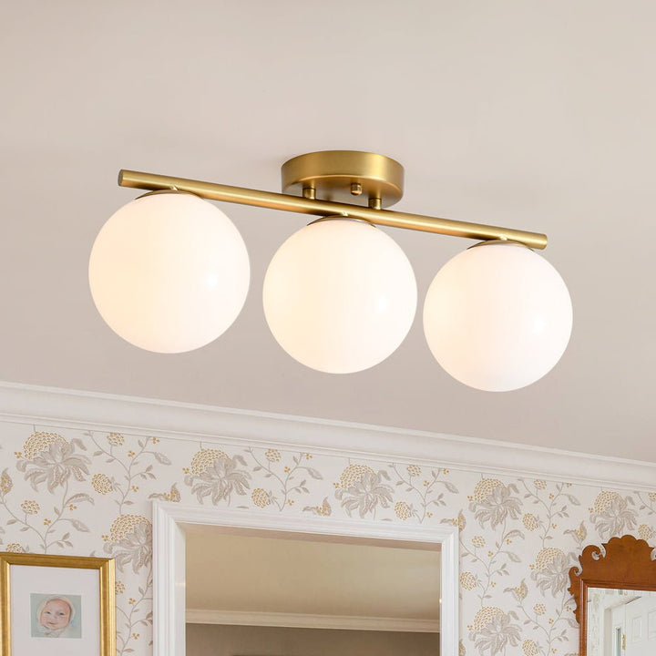 LightFixturesUSA - 3 - Light Shine Opal Glass Globe Linear Semi Flush Mount - Ceiling Light - Brass - 