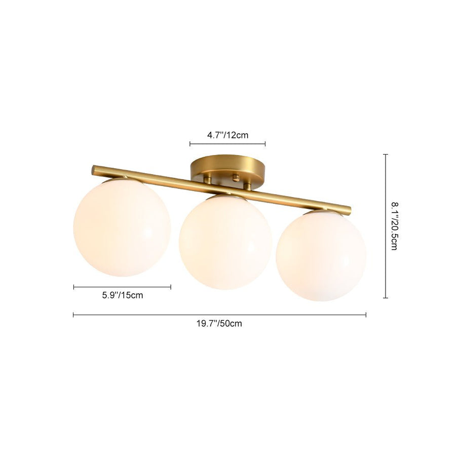 LightFixturesUSA - 3 - Light Shine Opal Glass Globe Linear Semi Flush Mount - Ceiling Light - Brass - 