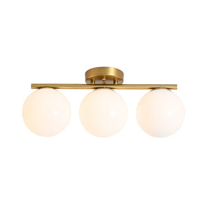 LightFixturesUSA - 3 - Light Shine Opal Glass Globe Linear Semi Flush Mount - Ceiling Light - Brass - 