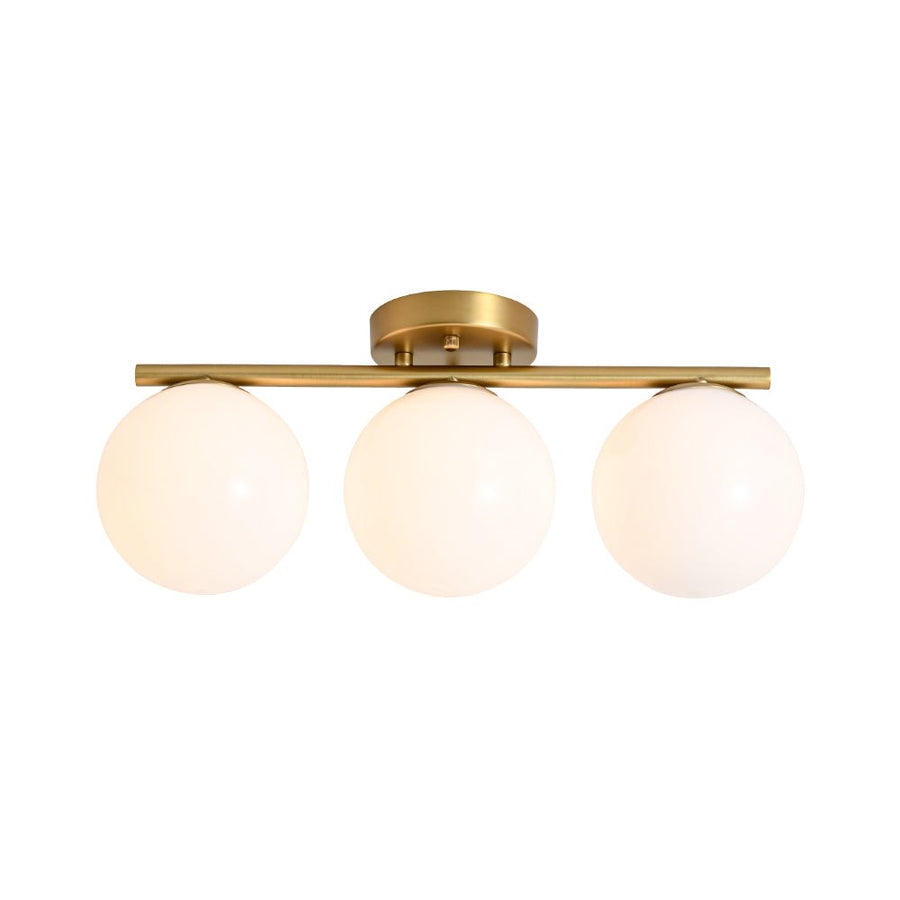 LightFixturesUSA - 3 - Light Shine Opal Glass Globe Linear Semi Flush Mount - Ceiling Light - Brass - 
