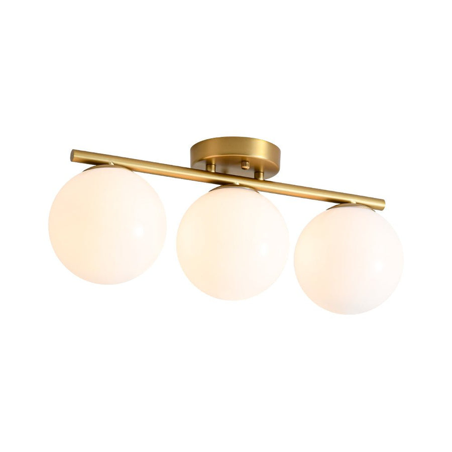 LightFixturesUSA - 3 - Light Shine Opal Glass Globe Linear Semi Flush Mount - Ceiling Light - Brass - 