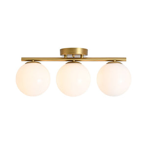 LightFixturesUSA - 3 - Light Shine Opal Glass Globe Linear Semi Flush Mount - Ceiling Light - Brass - 