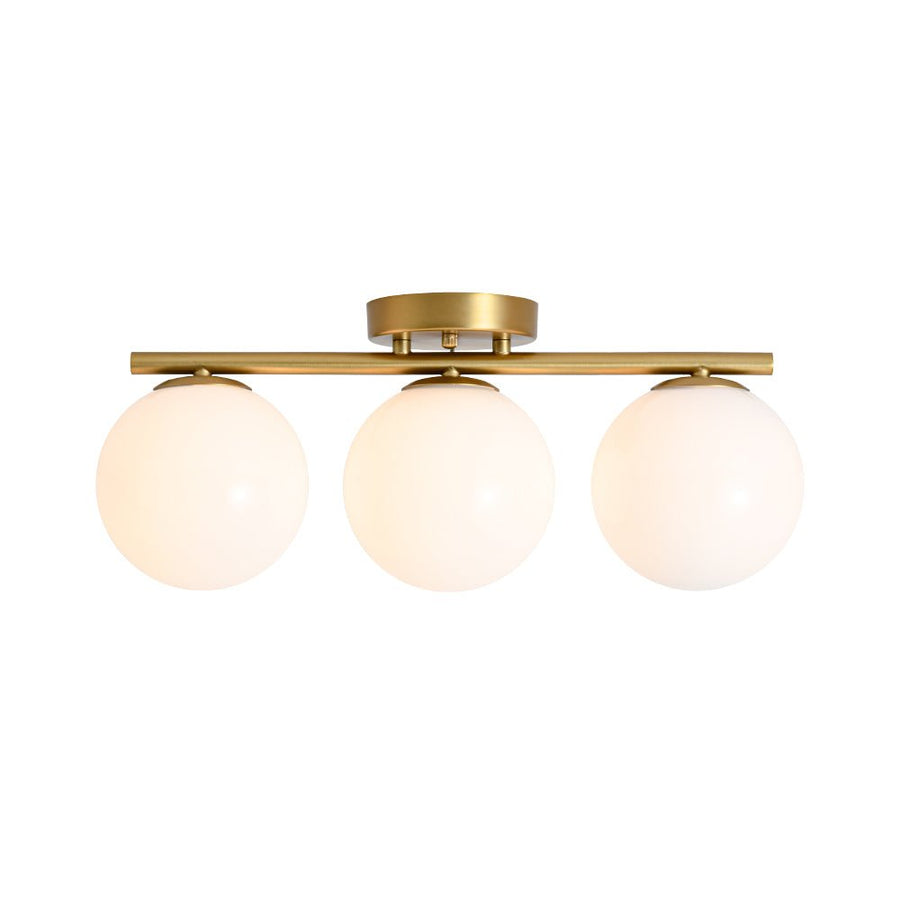 LightFixturesUSA - 3 - Light Shine Opal Glass Globe Linear Semi Flush Mount - Ceiling Light - Brass - 