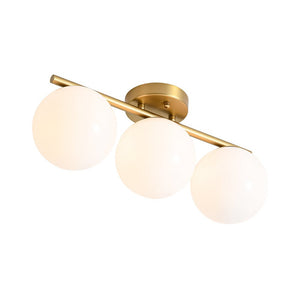LightFixturesUSA - 3 - Light Shine Opal Glass Globe Linear Semi Flush Mount - Ceiling Light - Brass - 