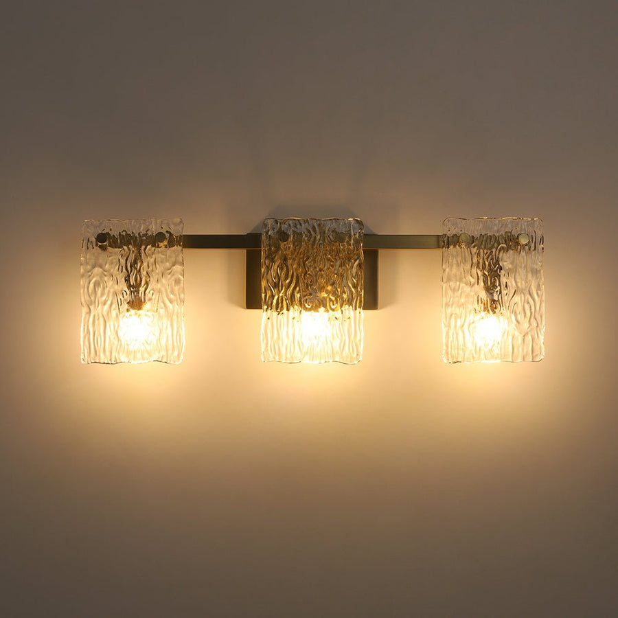 LightFixturesUSA - 3 - Light Water Glass Square Panel Brass Vanity Wall Sconce - Wall Sconce - Brass - 