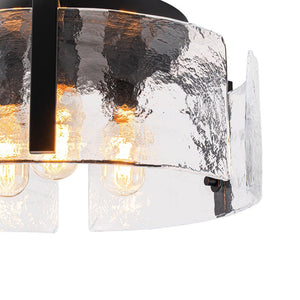 LightFixturesUSA - 3 - Light Water Textured Glass Drum Cage Semi Flush Mount - Ceiling Light - Black - 