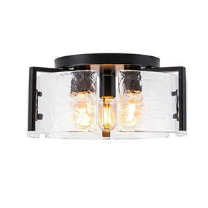 LightFixturesUSA - 3 - Light Water Textured Glass Drum Cage Semi Flush Mount - Ceiling Light - Black - 