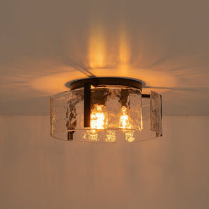 LightFixturesUSA - 3 - Light Water Textured Glass Drum Cage Semi Flush Mount - Ceiling Light - Black - 