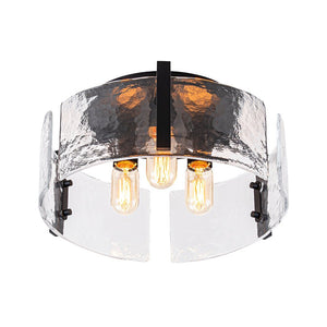 LightFixturesUSA - 3 - Light Water Textured Glass Drum Cage Semi Flush Mount - Ceiling Light - Black - 