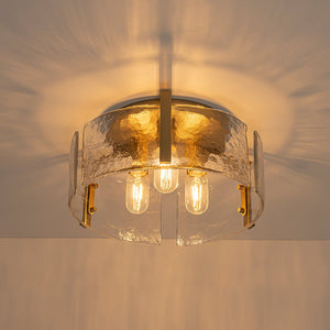 LightFixturesUSA - 3 - Light Water Textured Glass Drum Cage Semi Flush Mount - Ceiling Light - Brass (Pre - Order) - 