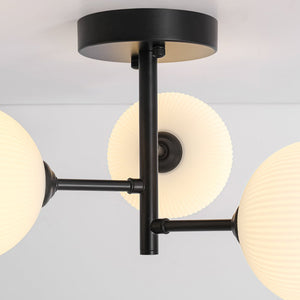 LightFixturesUSA - 3 - Light White Ribbed Glass Tiered Sputnik Semi Flush Mount - Ceiling Light - Black - 