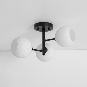 LightFixturesUSA - 3 - Light White Ribbed Glass Tiered Sputnik Semi Flush Mount - Ceiling Light - Black - 