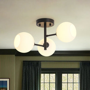 LightFixturesUSA - 3 - Light White Ribbed Glass Tiered Sputnik Semi Flush Mount - Ceiling Light - Black - 
