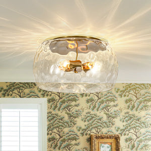 LightFixturesUSA-3-Light Wide Bowl Hammered Glass Round Flush Mount-Ceiling Light-Brass-
