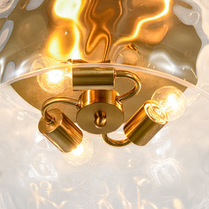 LightFixturesUSA-3-Light Wide Bowl Hammered Glass Round Flush Mount-Ceiling Light-Brass-