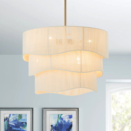 3-Tier Boho Beige Woven Thread Drum Pendant Light | LightFixturesUSA