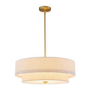 LightFixturesUSA-4-Light Beige Linen Round Tiered Drum Cage Lantern Pendant-Chandelier-22 in-
