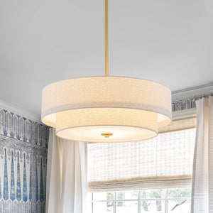 LightFixturesUSA-4-Light Beige Linen Round Tiered Drum Cage Lantern Pendant-Chandelier-22 in-
