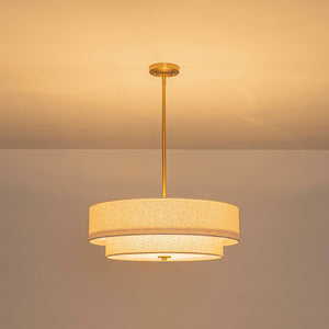 LightFixturesUSA-4-Light Beige Linen Round Tiered Drum Cage Lantern Pendant-Chandelier-22 in-