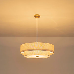 LightFixturesUSA-4-Light Beige Linen Round Tiered Drum Cage Lantern Pendant-Chandelier-22 in-