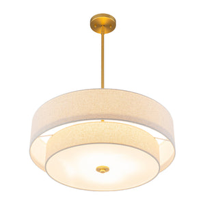 LightFixturesUSA-4-Light Beige Linen Round Tiered Drum Cage Lantern Pendant-Chandelier-22 in-