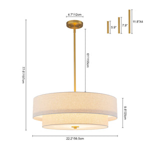 LightFixturesUSA-4-Light Beige Linen Round Tiered Drum Cage Lantern Pendant-Chandelier-22 in-