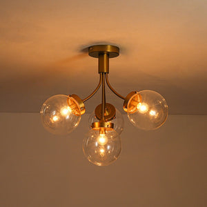 LightFixturesUSA - 4 - Light Bloom Clear Glass Globe Semi Flush Mount - Ceiling Light - Brass - 