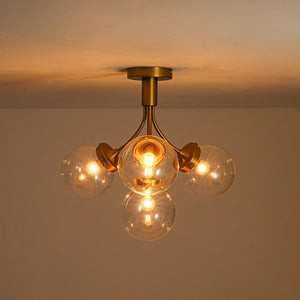 LightFixturesUSA - 4 - Light Bloom Clear Glass Globe Semi Flush Mount - Ceiling Light - Brass - 