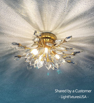 LightFixturesUSA - 4 - Light Bloom Crystal Leaf Semi Flush Mount Light - Ceiling Light - Nickel - 