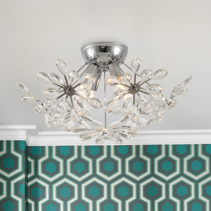 LightFixturesUSA - 4 - Light Bloom Dandelion Crystal Sputnik Semi Flush Mount - Ceiling Light - Chrome - 