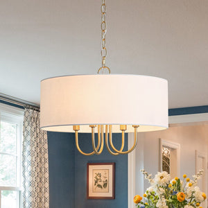 LightFixturesUSA - 4 - Light Brass Candle Style White Fabric Drum Cage Chandelier - Chandelier - 17.7 in - 