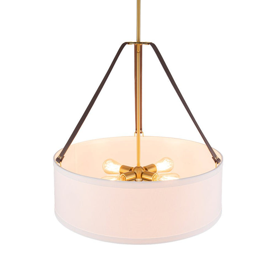 LightFixturesUSA - 4 - Light Brass White Linen Wide Drum Cage Pendant Light - Chandelier - 24.8 in. - 