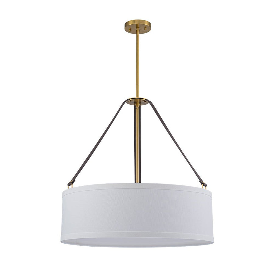 LightFixturesUSA - 4 - Light Brass White Linen Wide Drum Cage Pendant Light - Chandelier - 24.8 in. - 