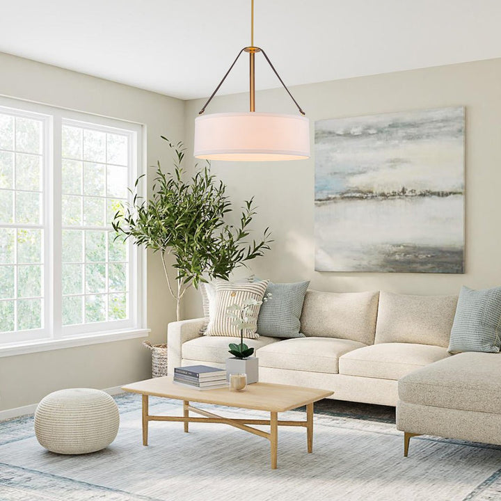LightFixturesUSA - 4 - Light Brass White Linen Wide Drum Cage Pendant Light - Chandelier - 24.8 in. - 