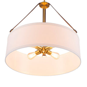 LightFixturesUSA - 4 - Light Brass White Linen Wide Drum Cage Pendant Light - Chandelier - 24.8 in. - 