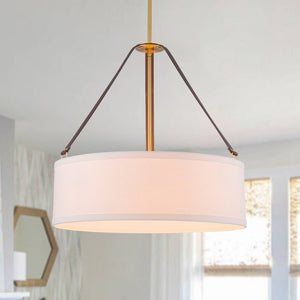 LightFixturesUSA - 4 - Light Brass White Linen Wide Drum Cage Pendant Light - Chandelier - 24.8 in. - 
