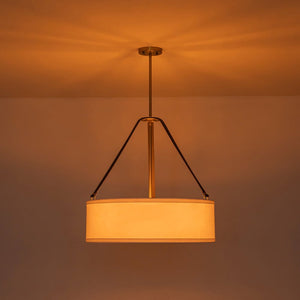 LightFixturesUSA - 4 - Light Brass White Linen Wide Drum Cage Pendant Light - Chandelier - 24.8 in. - 