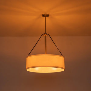 LightFixturesUSA - 4 - Light Brass White Linen Wide Drum Cage Pendant Light - Chandelier - 24.8 in. - 