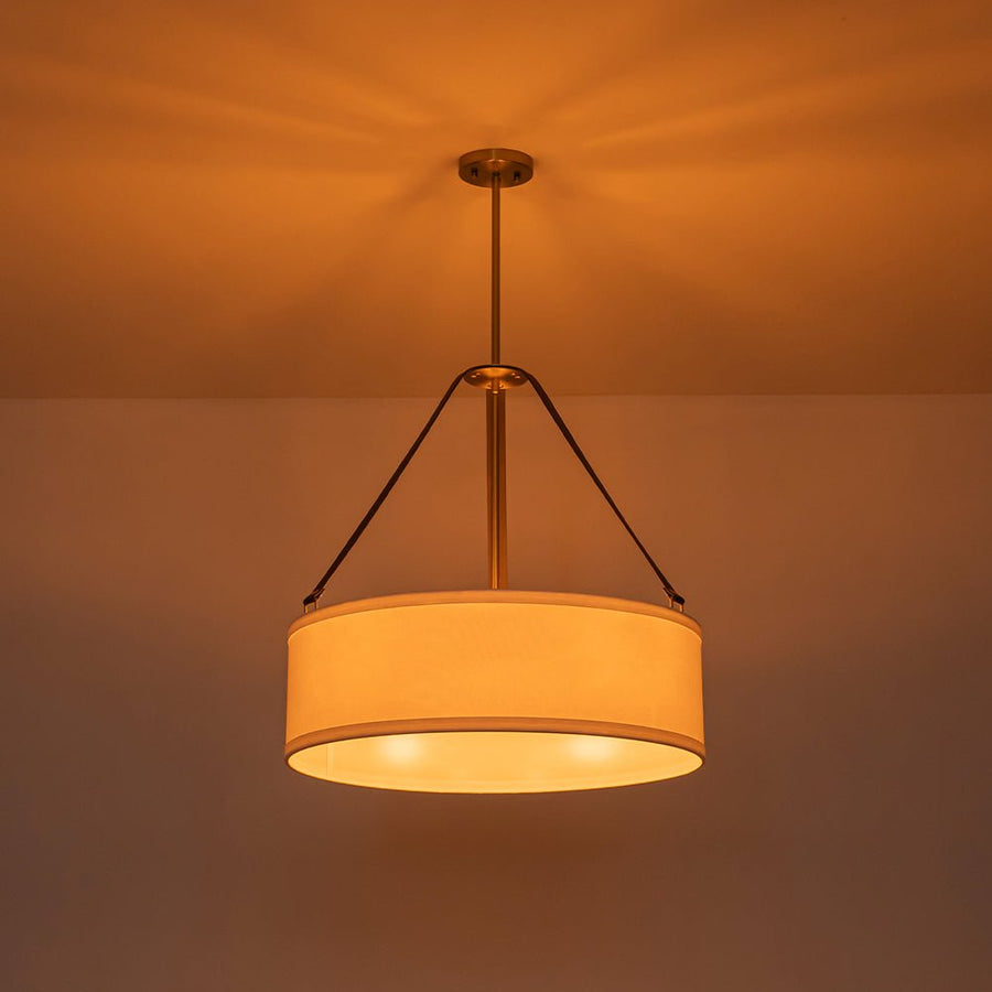 LightFixturesUSA - 4 - Light Brass White Linen Wide Drum Cage Pendant Light - Chandelier - 24.8 in. - 