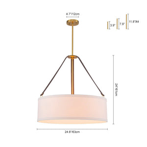 LightFixturesUSA - 4 - Light Brass White Linen Wide Drum Cage Pendant Light - Chandelier - 24.8 in. - 