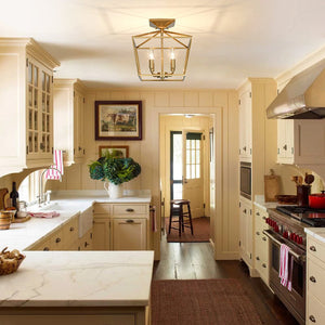 LightFixturesUSA - 4 - Light Candle Style Square Lantern Semi Flush Mount - Ceiling Light - Brass - 