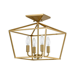 LightFixturesUSA - 4 - Light Candle Style Square Lantern Semi Flush Mount - Ceiling Light - Brass - 